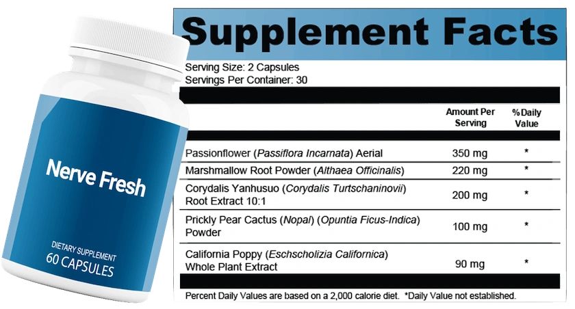 Nerve Fresh bottle beside Supplement Facts label